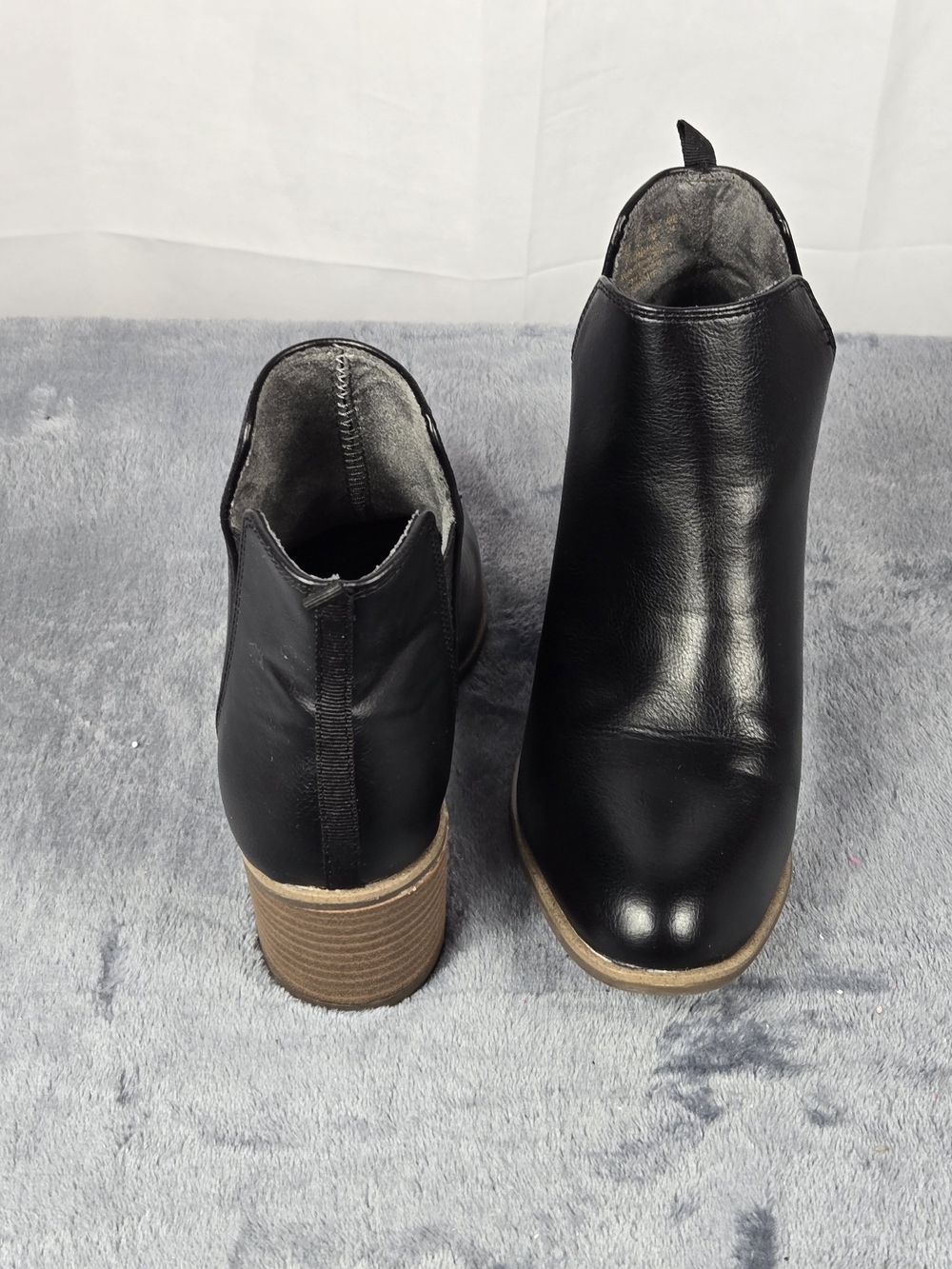 Dr. Scholl's Black Faux Leather Ankle Booties with Tan Stacked Heel